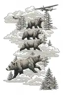 3 bears in front of realistic conifer trees with cloudy sky and plane flying through clouds tattoo design idea