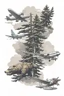 3 bears in front of realistic conifer trees with cloudy sky and plane flying through clouds tattoo design idea
