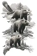 3 bears in forest, cloudy sky, a plane and a bird flying out of clouds tattoo design idea