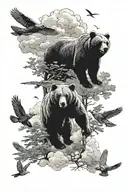 3 bears in forest, cloudy sky, a plane and a bird flying out of clouds tattoo design idea