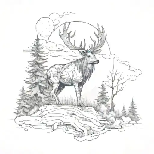 A sketch style tattoo of a mystical creature  from a dense forest with the mountains in the background tattoo design idea