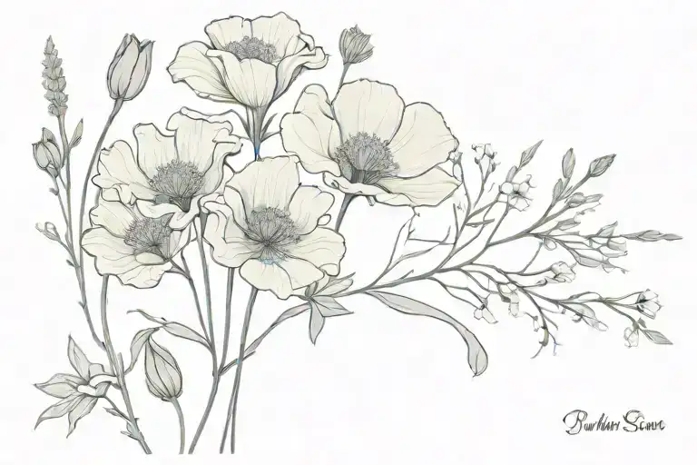 Buttercup Common Poppy Indian Paintbrush Geranium Pomegranate Blossom Common Yarrow Cornflower  tattoo design idea