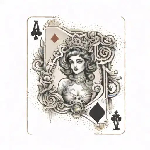 A playing card with the sign of ace, king and queen and a pinup queen in the center with a crown tattoo design idea