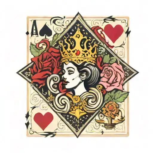 A playing card with the sign of ace king and queen and a pinup queen in the center with a crown tattoo design idea