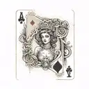 A playing card with the sign of ace, king and queen and a pinup queen in the center with a crown tattoo design idea