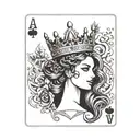 A playing card with the sign of ace, king and queen and a pinup queen in the center with a crown tattoo design idea