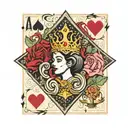 A playing card with the sign of ace king and queen and a pinup queen in the center with a crown tattoo design idea