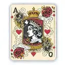 A playing card with the sign of ace king and queen and a pinup queen in the center with a crown tattoo design idea