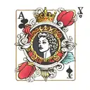A playing card with the sign of ace king and queen and a pinup queen in the center with a crown tattoo design idea