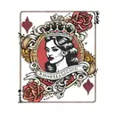 A playing card with the sign of ace king and queen and a pinup queen in the center with a crown tattoo design idea