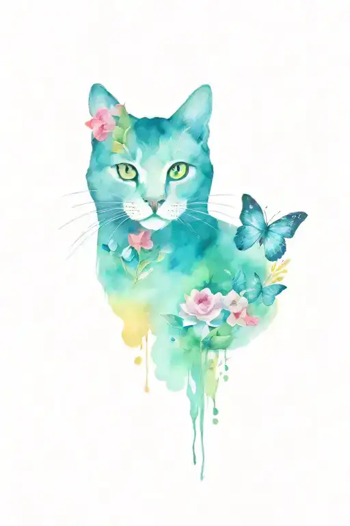 cat with flowers and butterflies   tattoo design idea