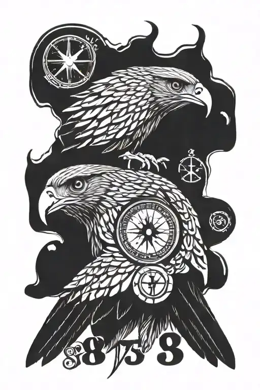 hawk head with 1973 inscription and small compass tattoo design idea