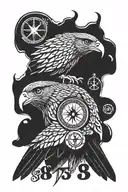 hawk head with 1973 inscription and small compass tattoo design idea