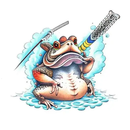 Two samurai toads are fighting with unusual weapons and a third toad is watching them, taking a bath in a boiling cauldr tattoo design idea