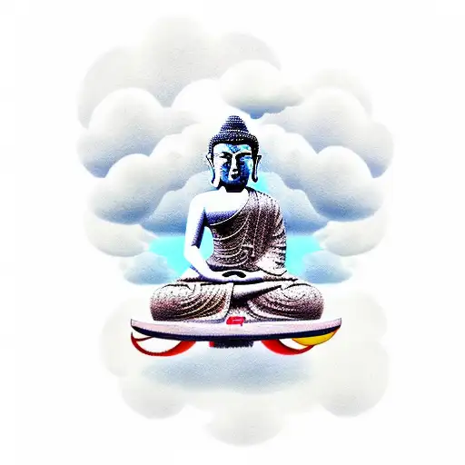 Buddha on a skateboard in the clouds tattoo design idea