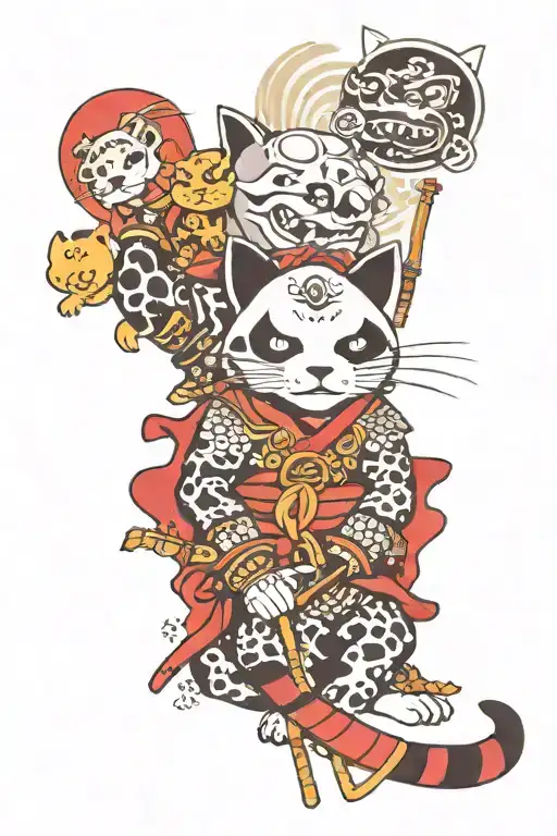 Cats, dogs, frogs, pandas, wolfs, and turtles are samurais. Some of them a laughing tattoo design idea