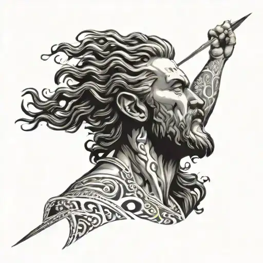 A modern interpretation of Zeus holding a lightning bolt, with intricate dotwork details tattoo design idea