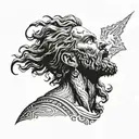 A modern interpretation of Zeus holding a lightning bolt, with intricate dotwork details tattoo design idea