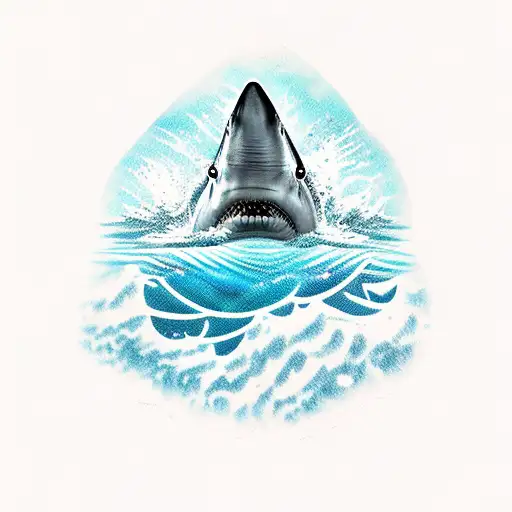 shark fin over blue water with green mountains tattoo design idea
