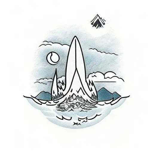 shark fin in water with mountains in the background  tattoo design idea