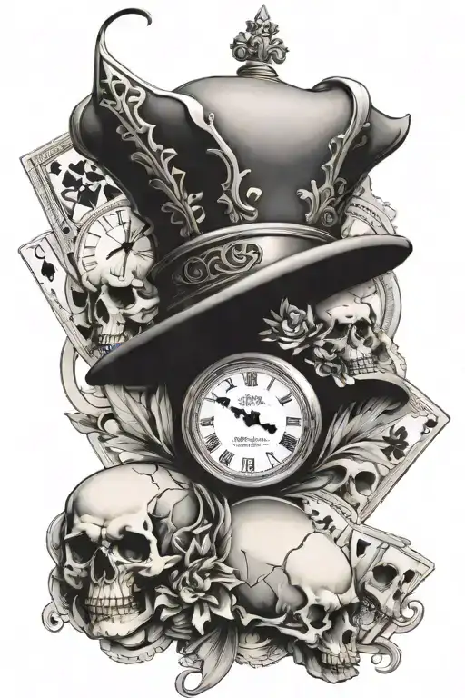 skull and crown and clock and cards  tattoo design idea