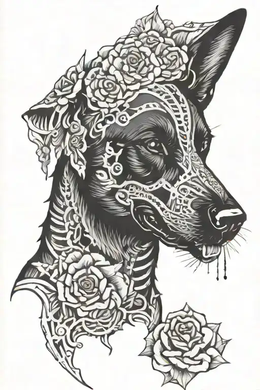 black German shepherd skeleton tattoo design idea
