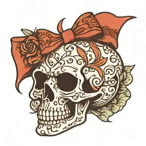 skull with lace hair bow tattoo design idea