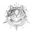 Cat with very big eyes in space, Japanese anima style, one color tattoo design idea
