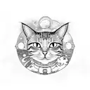Cat with very big eyes in space, Japanese anima style, one color tattoo design idea