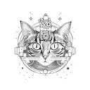 Cat with very big eyes in space, Japanese anima style, one color tattoo design idea