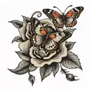 dead butterfly with roses tattoo design idea