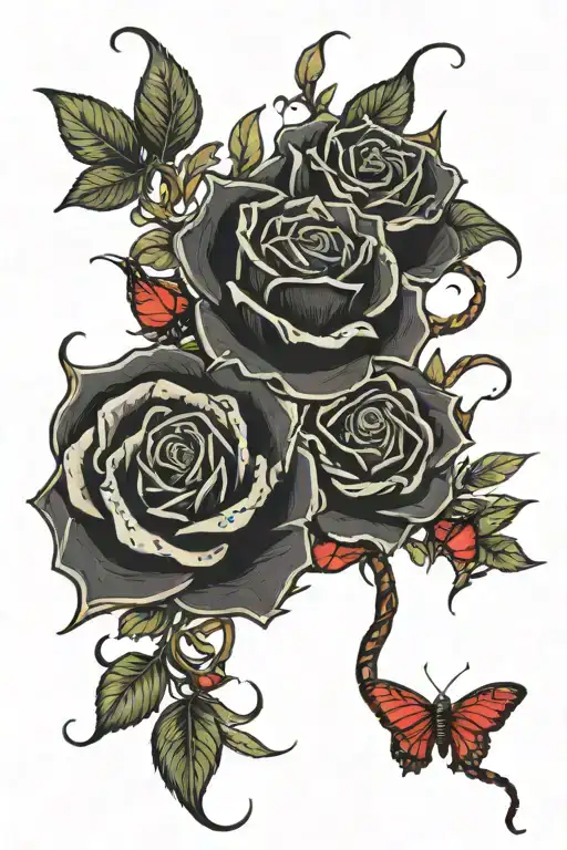 black roses interwinded with thorns and a snake wrapped around it with red butterflies landing on the thorns tattoo design idea