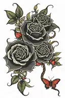 black roses interwinded with thorns and a snake wrapped around it with red butterflies landing on the thorns tattoo design idea