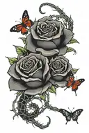 black roses interwinded with thorns and a snake wrapped around it with red butterflies landing on the thorns tattoo design idea