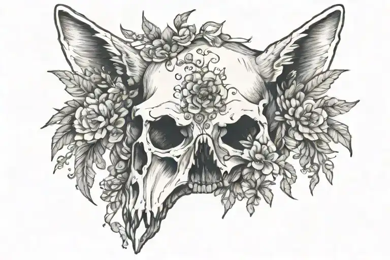 coyote skull with minimal flowers and beetles and moths for a sternum chest piece tattoo design idea