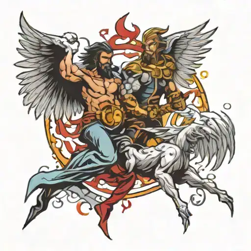 good vs evil battle scene tattoo design idea