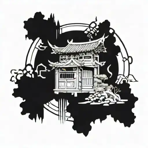 An abandoned place with elements of Japanese, Korean, and Chinese music symbols in a blackwork style tattoo design idea