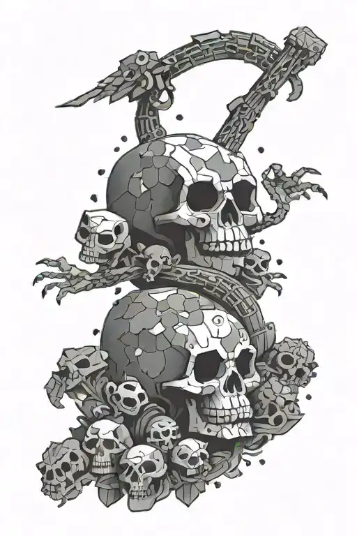 A Minecraft-inspired design with dark and death-themed elements like skulls and frogs in a dotwork style tattoo design idea