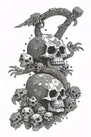 A Minecraft-inspired design with dark and death-themed elements like skulls and frogs in a dotwork style tattoo design idea