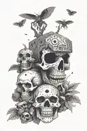 A Minecraft-inspired design with dark and death-themed elements like skulls and frogs in a dotwork style tattoo design idea