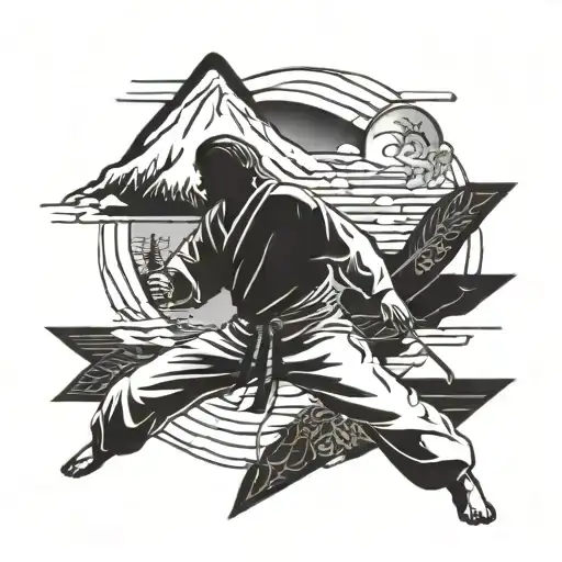 A stylized blackwork tattoo of a karate master in front of Mount Fuji tattoo design idea