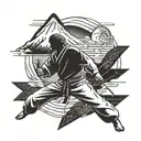 A stylized blackwork tattoo of a karate master in front of Mount Fuji tattoo design idea
