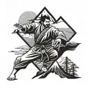 A stylized blackwork tattoo of a karate master in front of Mount Fuji tattoo design idea