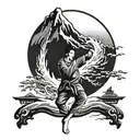 A stylized blackwork tattoo of a karate master in front of Mount Fuji tattoo design idea
