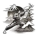 A stylized blackwork tattoo of a karate master in front of Mount Fuji tattoo design idea