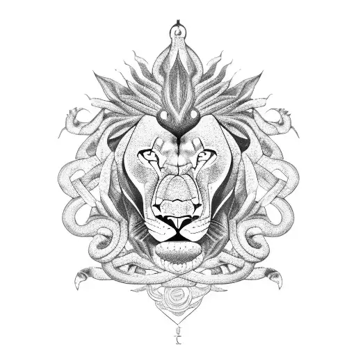 A serpent intertwined with a lion, symbolizing strength and duality tattoo design idea