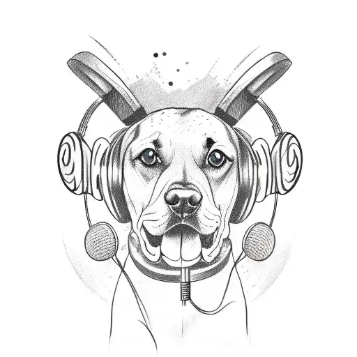A sketch-style tattoo of a dog wearing headphones and holding a microphone, capturing the passion for music and love for dogs. tattoo design idea