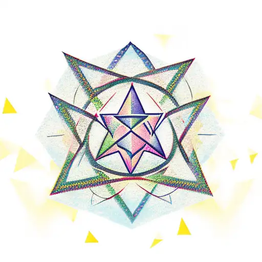 A mantra written in a triangle shape with a star in the center tattoo design idea