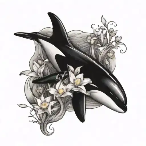 Orca whale in ocean with daffodils, water lily flowers, larkspur flowers tattoo design idea