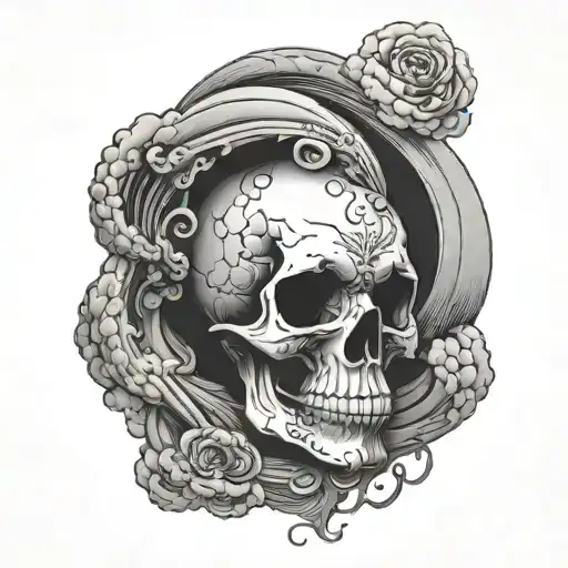 front facing skull inside dark spiraling clouds tattoo design idea